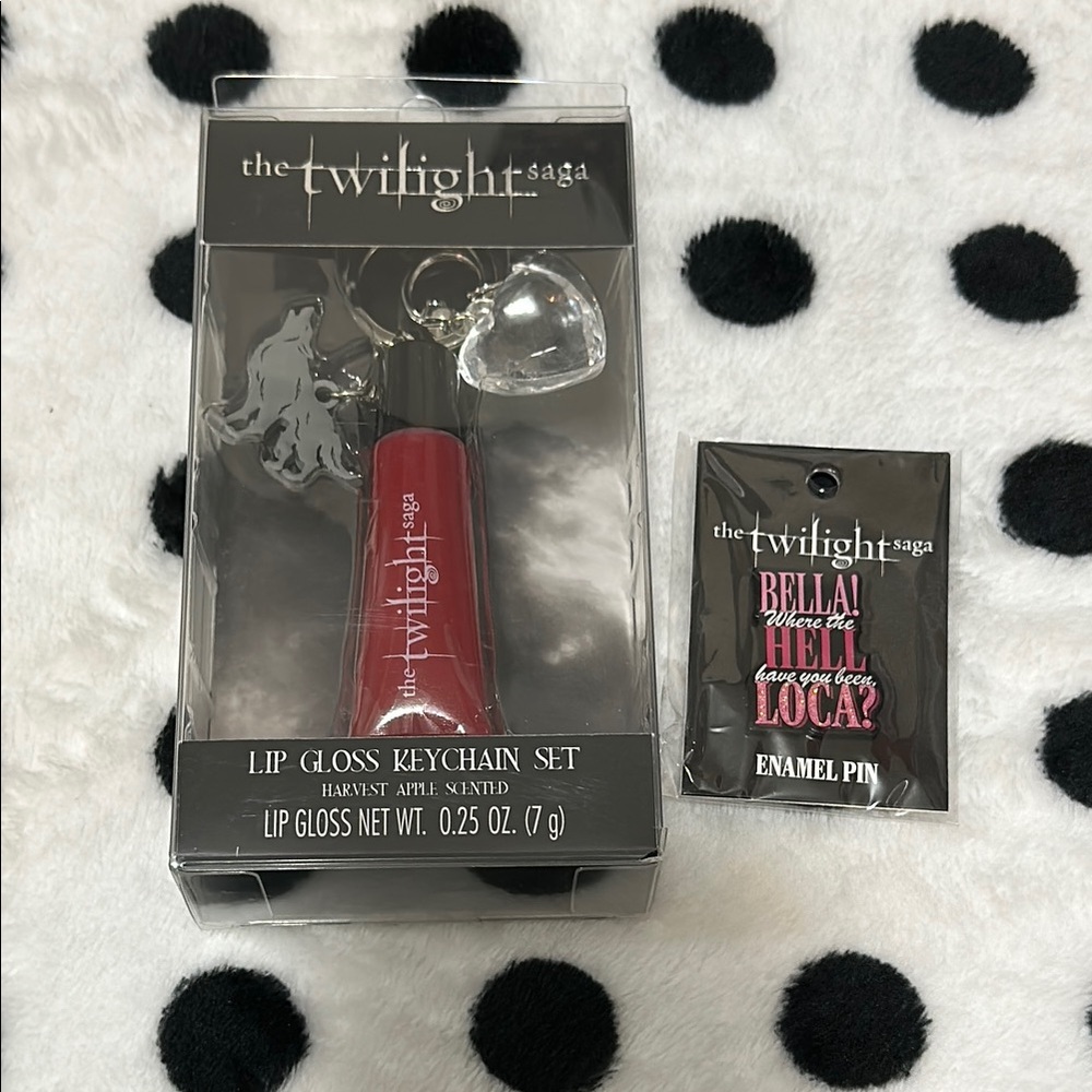 The Twilight Saga Lipgloss Keychain Set and Enamel Pin Bundle